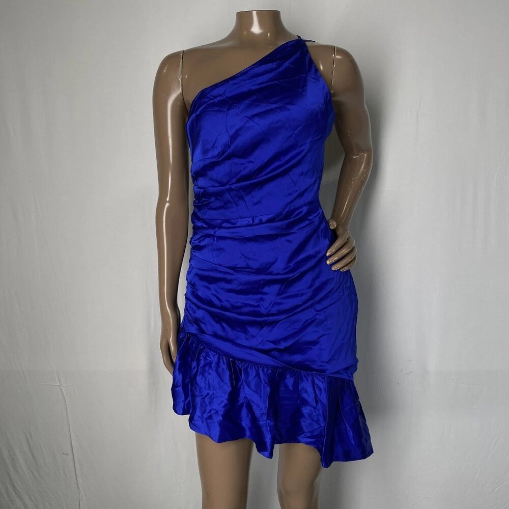 NEW AMANDA UPRICHARD Women's Nicoletta One-Shoulder Silk Mini Dress Blue Size M